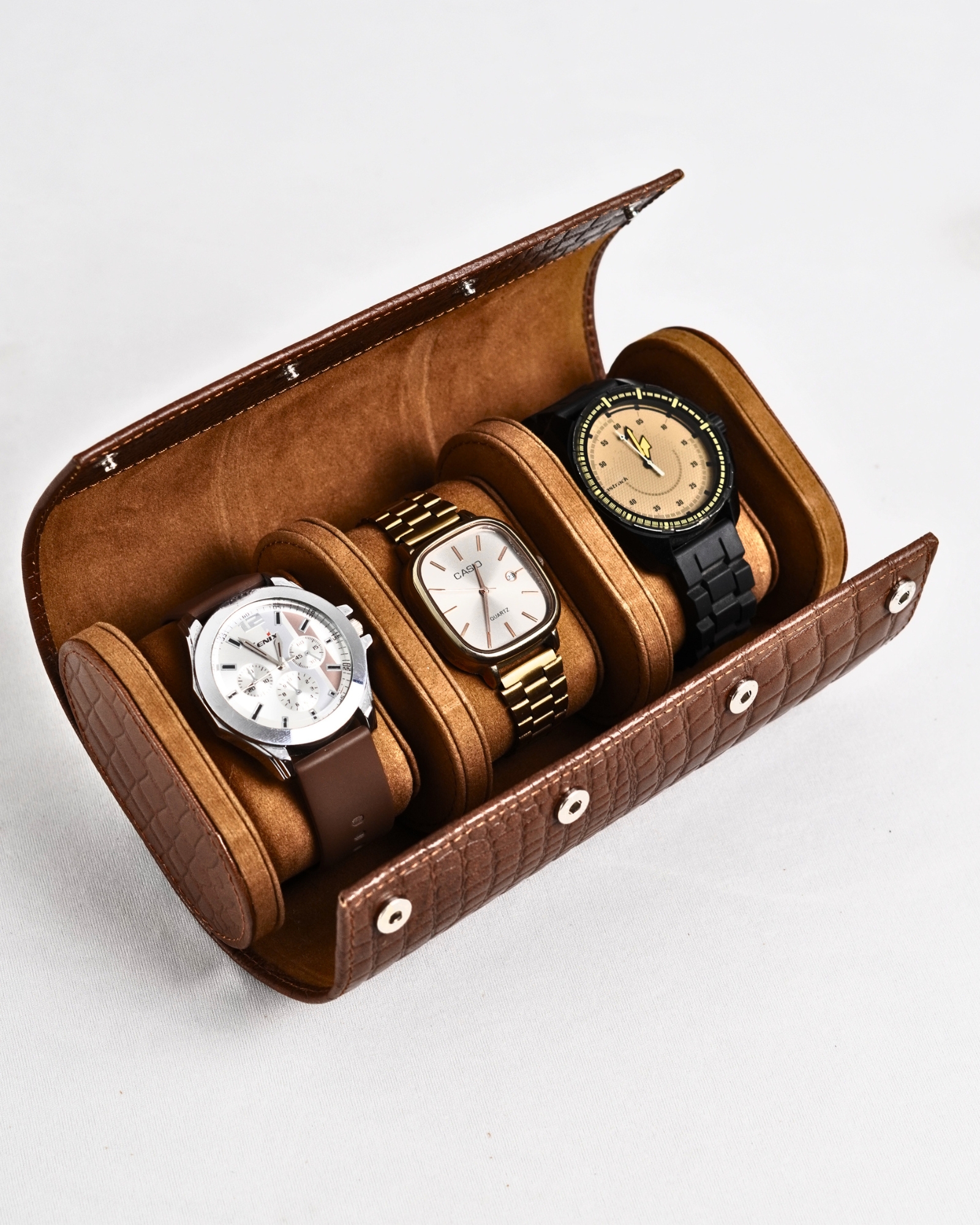 Bulgaria – Hand Crafted Original Leather Watch Box (3 Slots, Croco Brown) - Image 6