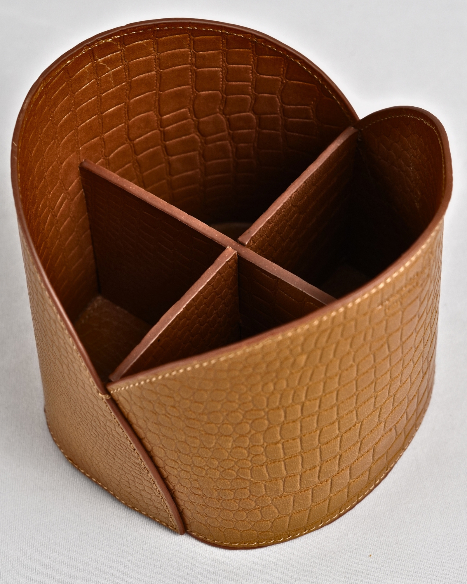 Artisan Handcrafted Original Leather  (Desk Organizer / Pen Stand)  4-Section  Croco Tan