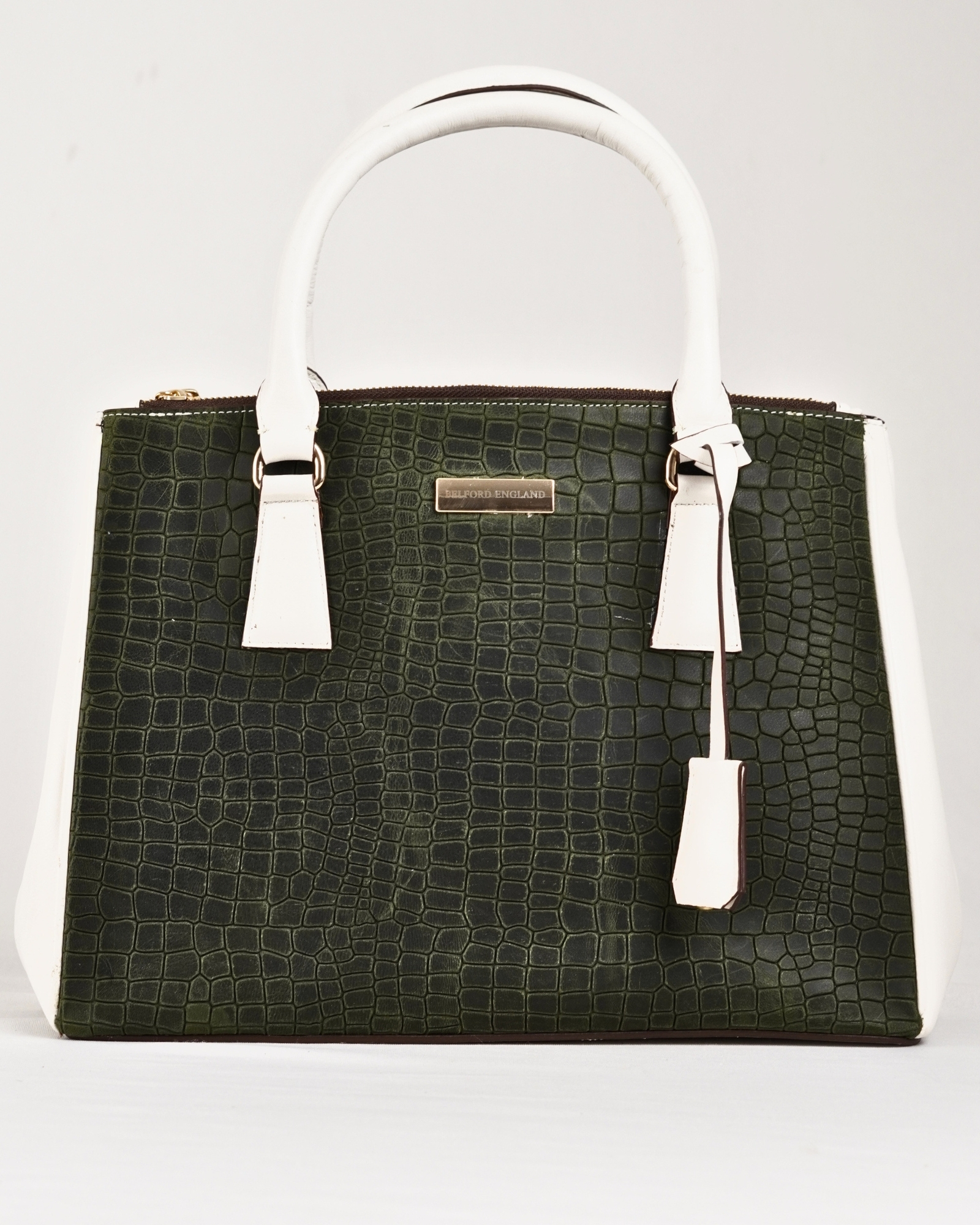 Mia - Women's Original Leather Handbag (Forest Green /Cream) - Image 2
