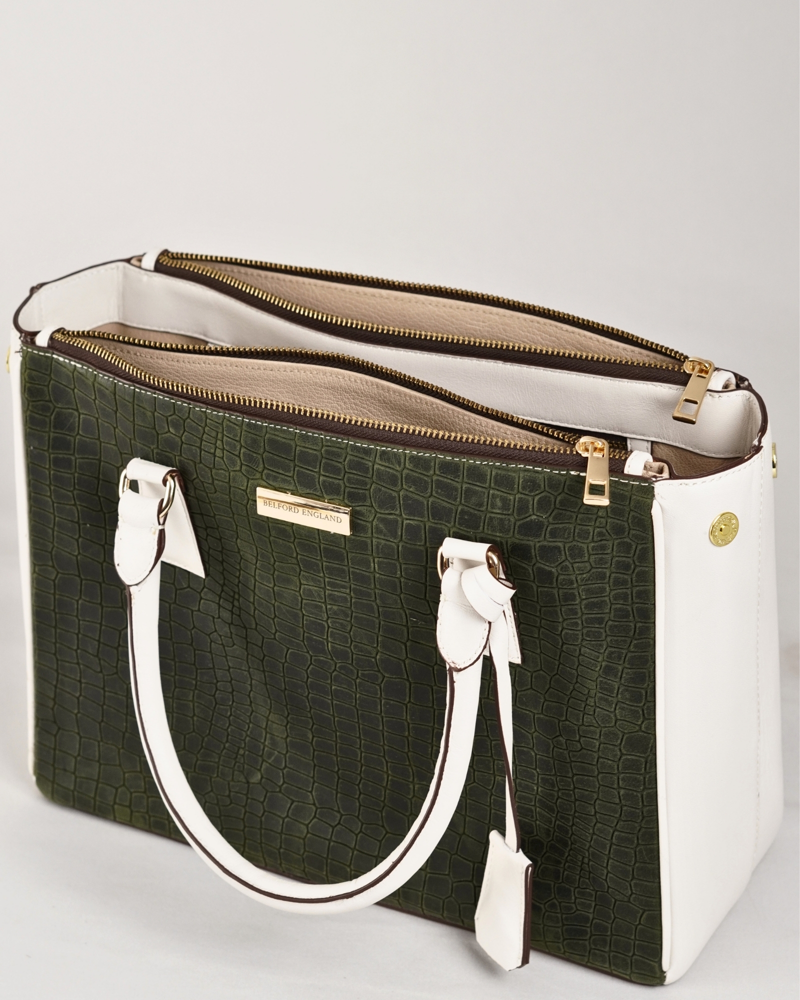 Mia - Women's Original Leather Handbag (Forest Green /Cream) - Image 3