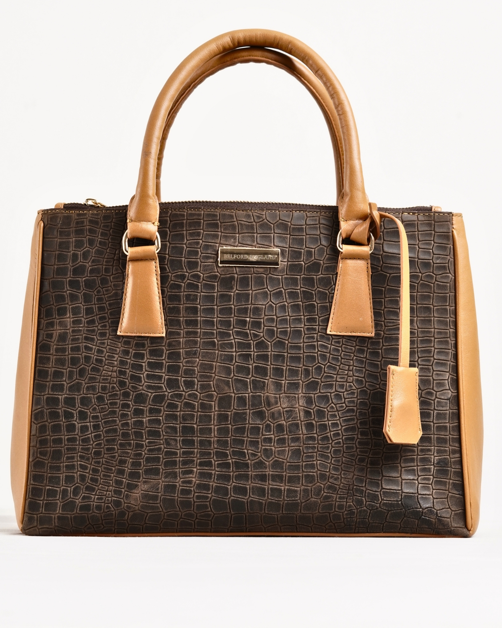 Mia - Women's Original Leather Handbag (Croco Vintage Brown / Tan)