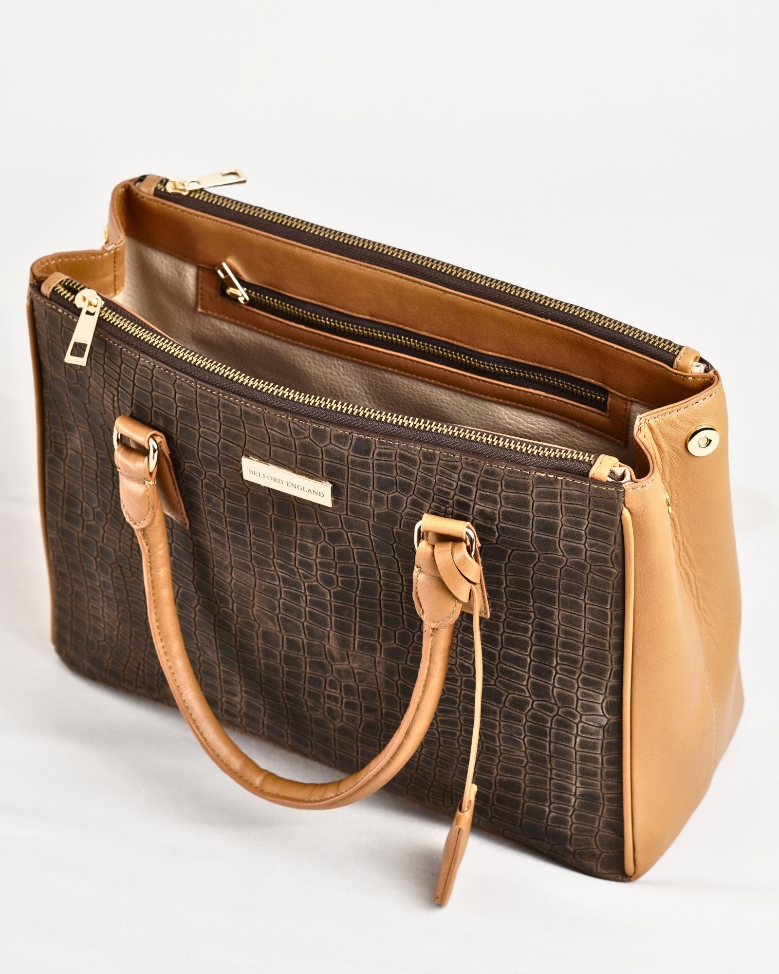 Mia - Women's Original Leather Handbag (Croco Vintage Brown / Tan) - Image 2