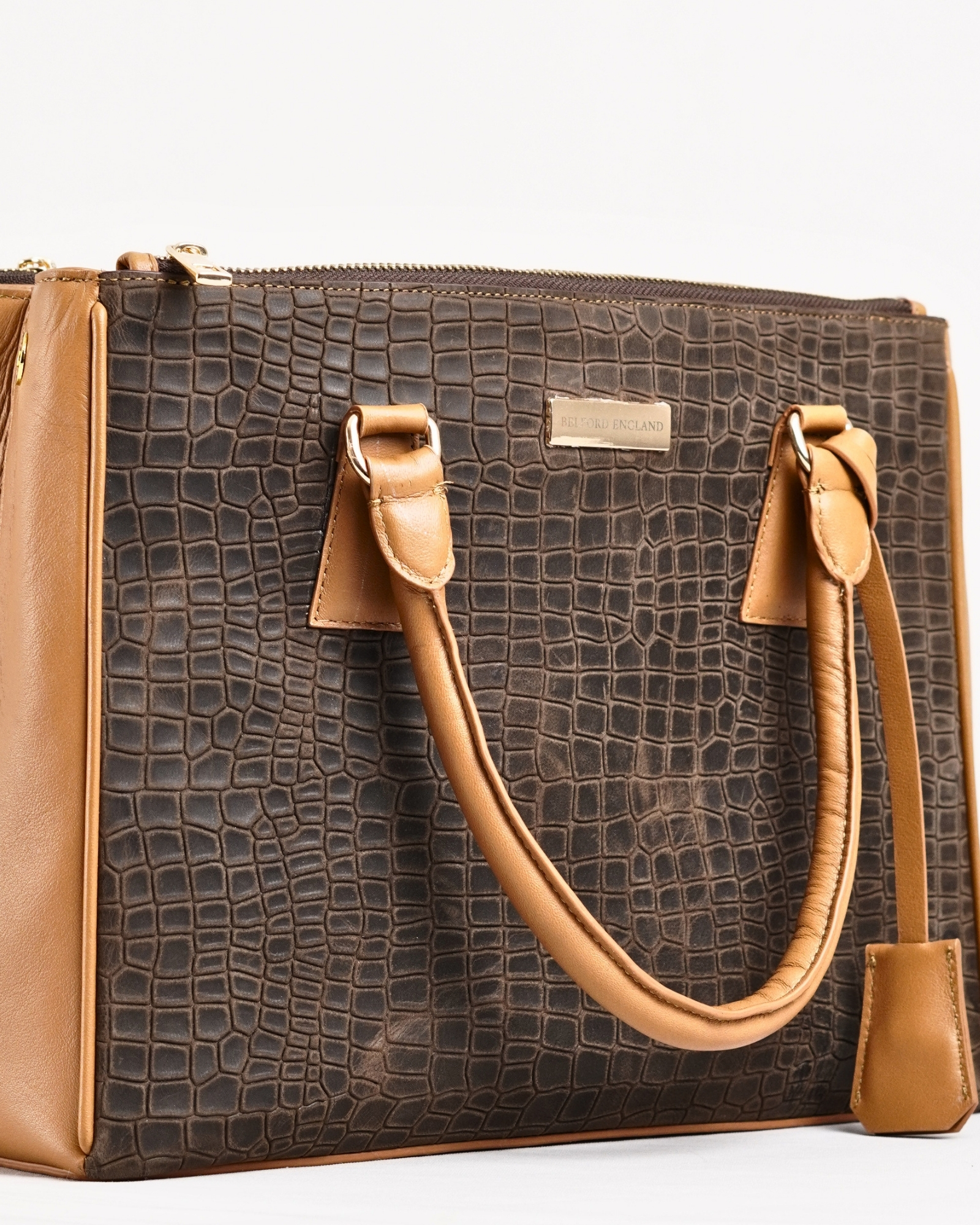 Mia - Women's Original Leather Handbag (Croco Vintage Brown / Tan) - Image 3