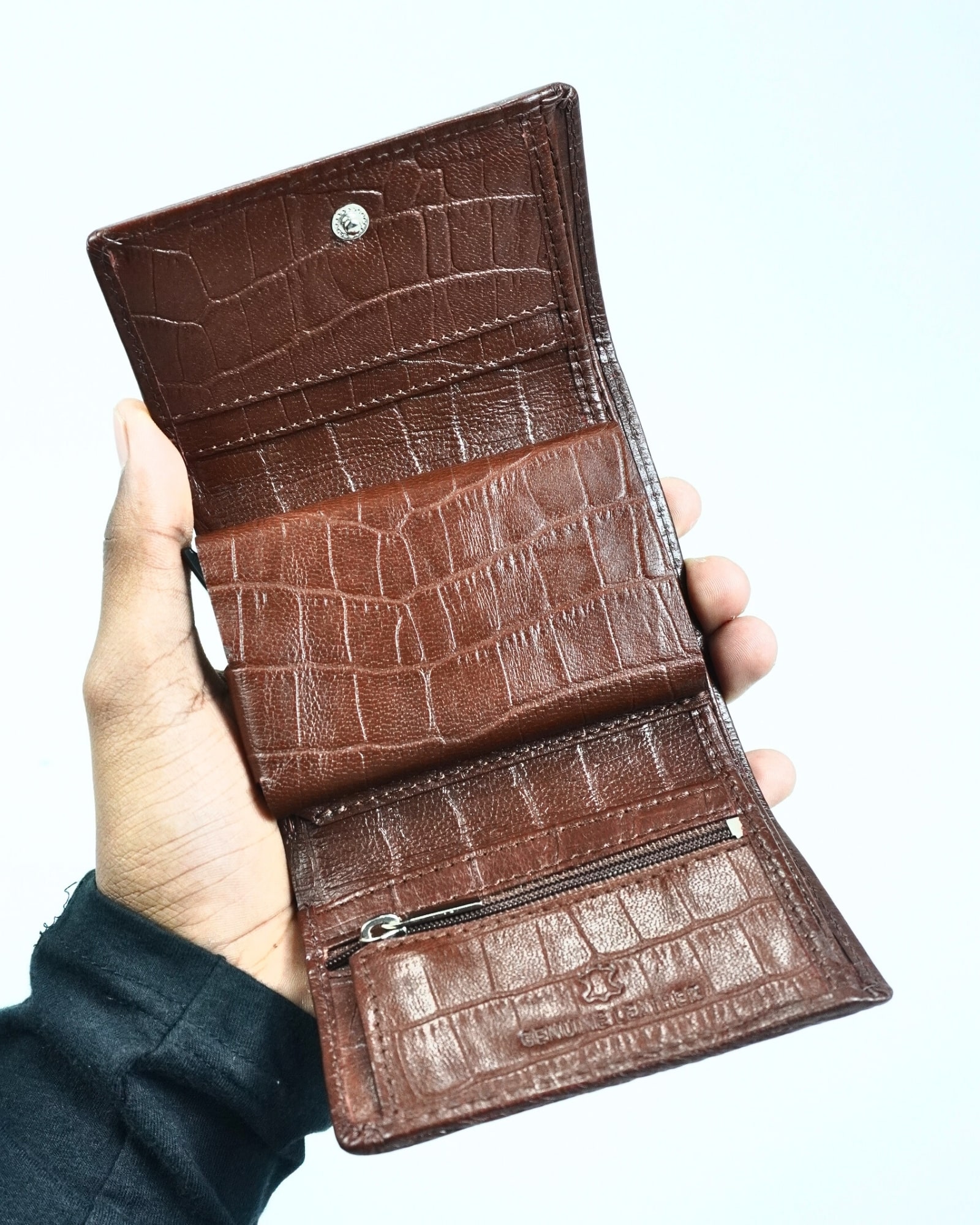 Detroit - Men’s Original Leather [Smart Card Pop UP] Wallet (Croco Rich Brown) - Image 3