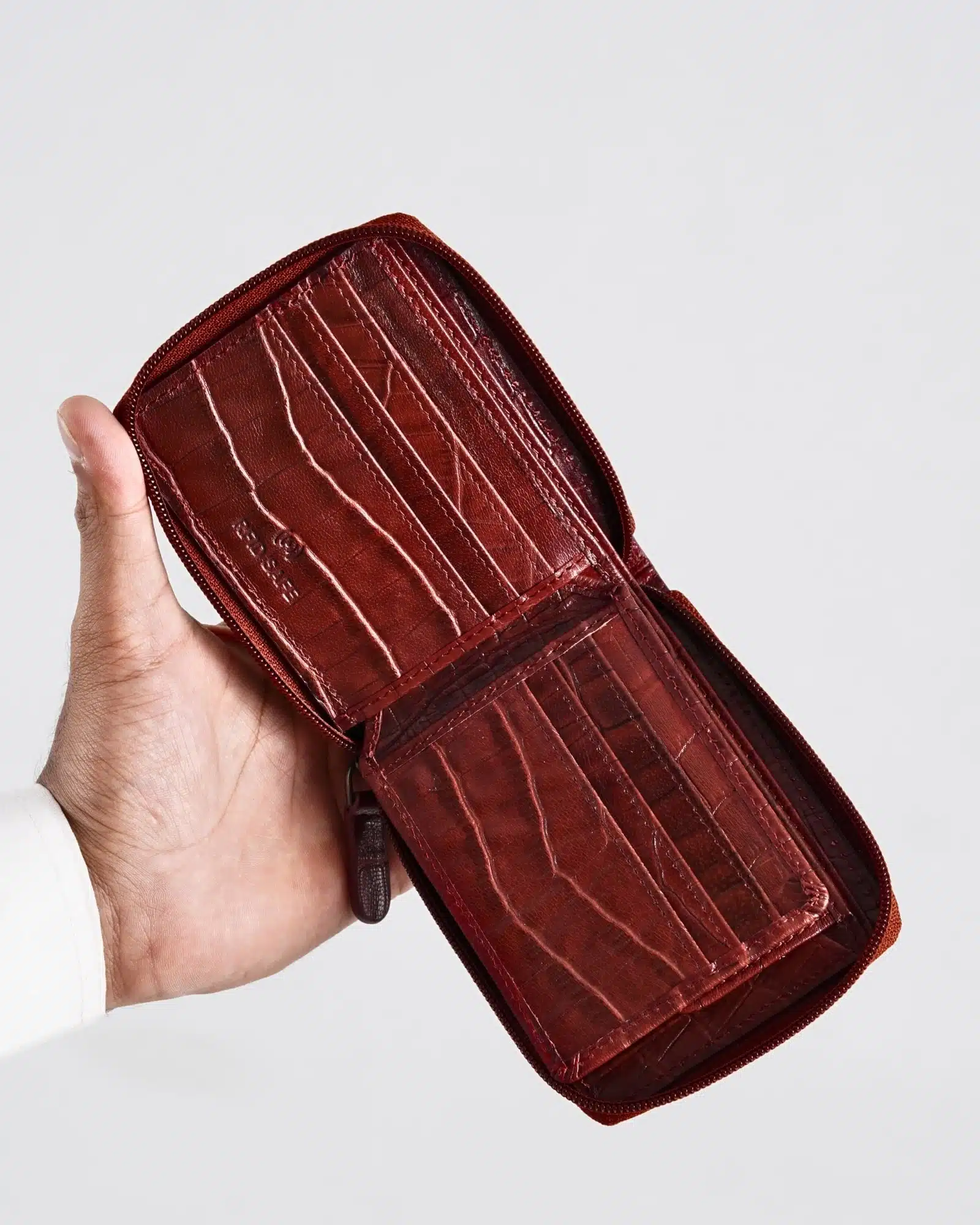 Tokyo Men’s Original Leather Zipper Wallet (Croco Brown & Cherry Blend) - Image 9