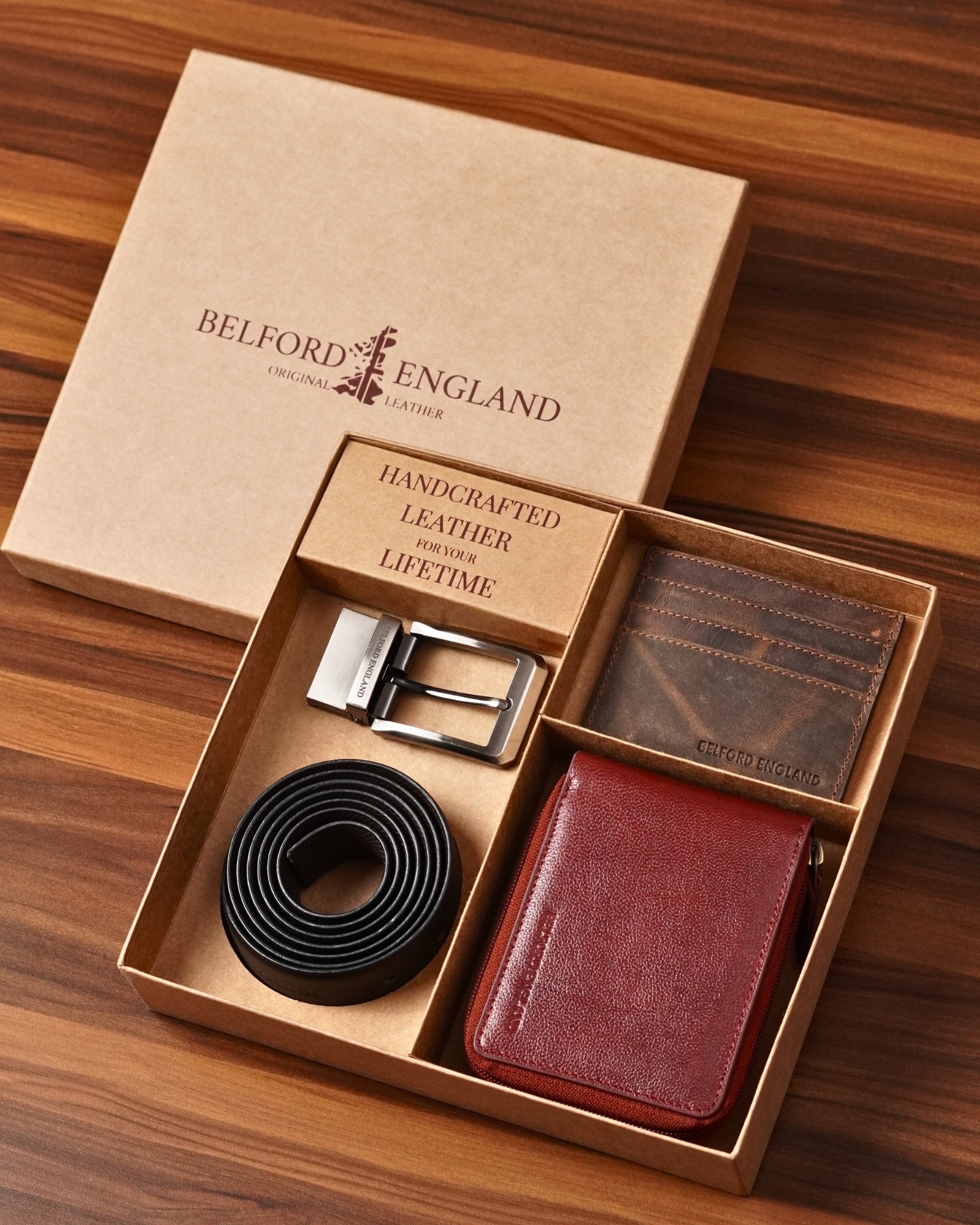 Gift For Men: Personalized Luxury Leather Wallet (Zip Around), Belt & Card Holder Set